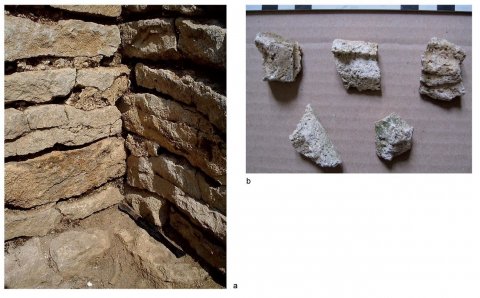 Fig. 8 : Fragments de joints regarnis et joints regarnis in situ. Champs de l’Église, site d’Alésia (Côte d’Or), cité des Mandubiens