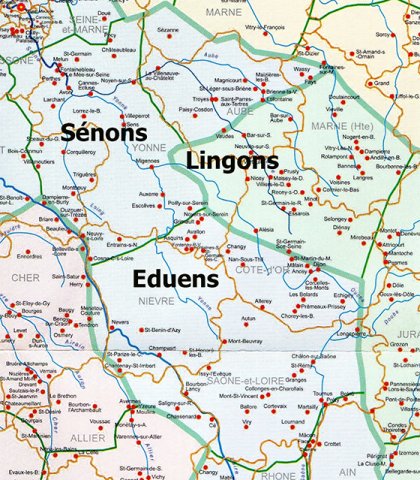Fig. 9 : Carte du territoire des cités gallo-romaines des Éduens, des Lingons et des Sénons