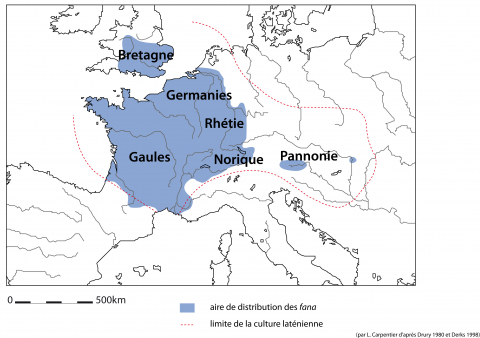 Fig. 2 : Carte de répartition des temples à plan centré en Europe par rapport à l'aire d'influence de la culture laténienne