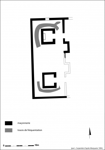 Fig. 7 : Plan du sanctuaire du Puy-Lautard (Creuse) avec les traces de fréquentation autour des cellae
