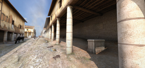 Fig. 1 : Deux fouilles archéologiques réalisées par l’Inrap en 2012 ont permis d’identifier une rue antique bordée de portiques et une riche demeure qui la longeait sur son côté sud. Extrait de la vue à 360° représentant le Haut-Empire