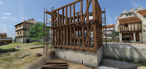 Fig. 3 : La construction de la maison sur cellier découverte lors des fouilles archéologiques de 2012. Malgré le peu d’informations disponibles pour la période médiévale, la vue à 360° redonne au mieux l’idée d’un bâti relativement lâche, perçu à travers les fouilles archéologiques