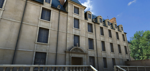 Fig. 4 : Situés sous l’hôtel de ville construit à la fin du XIXe siècle, les fragments d’enceinte antique conservés dans les bâtiments médiévaux, la chapelle funéraire des Gilliers du XVe siècle, et les bâtiments du collège Jésuite, ont chacun fait l’objet d’une étude approfondie. On voit ici  la façade du bâtiment occupé par les Jésuites au XVIIe siècle