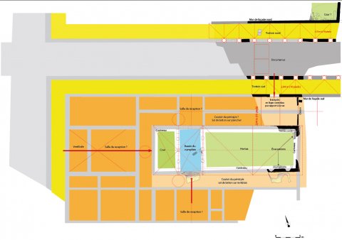 Fig. 6 : La recherche du tracé régulateur. Plan des vestiges archéologiques et restitution des espaces à partir des modules de construction