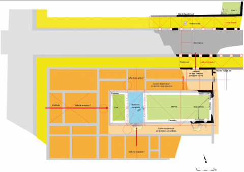 Fig. 6 : La recherche du tracé régulateur. Plan des vestiges archéologiques et restitution des espaces à partir des modules de construction