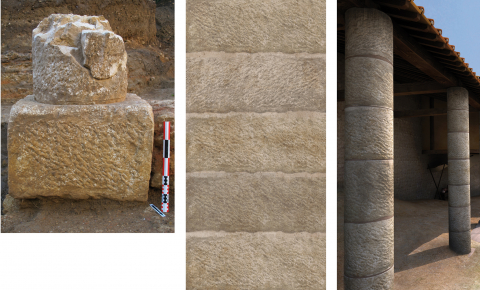 Fig. 12 : Création des textures à partir des photos de terrain fournies par les archéologues, et application de celles-ci sur les éléments modélisés