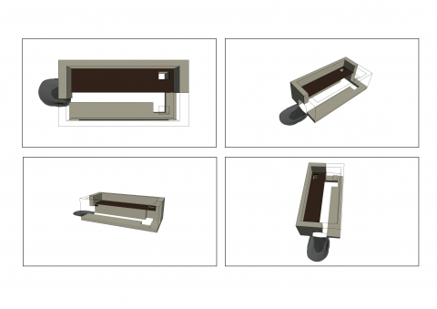 Fig. 6 : Restitution d’une variante de séchoir en T vue sous plusieurs angles (DAO Chabrol E.)