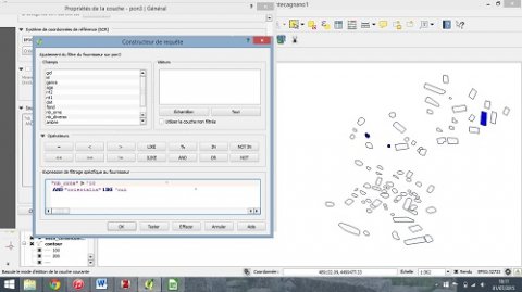 Fig. 8 : Construction de requête et affichage des tombes sélectionnées dans QGIS
