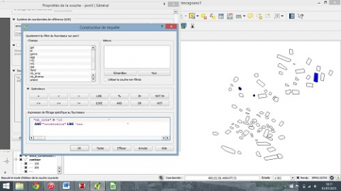 Fig. 8 : Construction de requête et affichage des tombes sélectionnées dans QGIS
