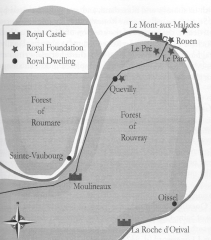 Fig. 4 : Rouen et ses environs sous les ducs © Fanny Madeline, « Rouen and its place in the building policy of the angevin kings », dans Society and culture in medieval Rouen, 911-1300, dir. L. Van Hicks, E. Brenner, Turnhout , 2013, p. 67, map. 8