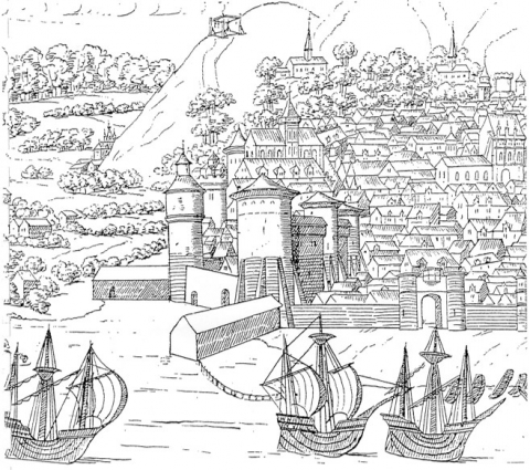 Fig. 6 : Le Vieux Palais (extrait de la vue de Rouen accompagnant le Livre des Fontaines de J. Le Lieur, 1525) © Dominique Leost, Le château de Rouen (1204-1591), De la construction au démantèlement, Tome I, Thèse de doctorat [dactyl.], Université de Rouen, 2001