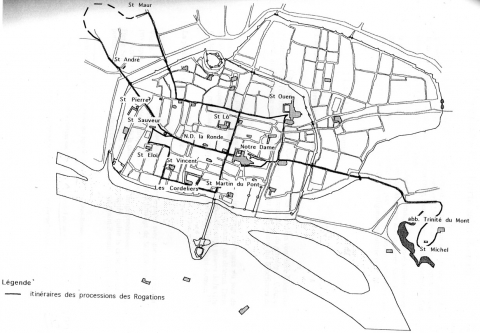 Fig. 11 : Procession des Rogations © Grégory Masselis, Processions et fêtes de la rue à Rouen à la fin du Moyen Âge, [dactyl.], Rouen, Université de Rouen, 1997