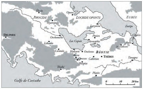 Fig. 1 : Carte générale de la Béotie à l’époque archaïque © Julien Zurbach, « carte 2 : la Béotie d’Hésiode »