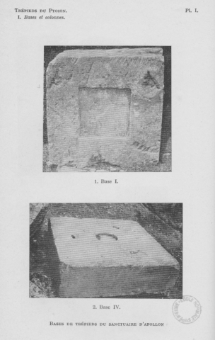 Fig. 3 : Bases de trépieds du sanctuaire d’Apollon Ptoios © Pierre Guillon, Les trépieds du Ptoion. Première partie : Bases et colonnes de trépieds retrouvées au Ptoion, Paris, E. de Boccard, 1943, pl. I