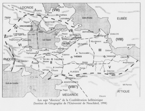 Fig. 5 : Carte des sept districts de Béotie à l’époque hellénistique © Denis Knoepfler, « La Loi de Daitôndas, les femmes de Thèbes et le collège des béotarques au IVe et au IIIe siècles avant J.-C. » dans Presenza e Funzione della città di Tebe nella cultura greca. Atti del Convegno Internazionale, Urbino 7-9 Iuglio 1997, Pisa, Istituto editoriali e poligrafica internazionali, 2000, p. 366