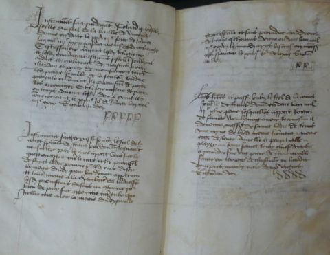 Fig. 5 : La pratique de la cotation dans le cartulaire de 1478 – AMR, FA, C703, L34, fol. 94v-95r © Emmanuel Melin