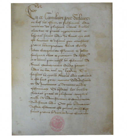Fig. 6 : La copie du cartulaire de Saint-Ladre, objet d’un soin particulier – AMR FA, C703 L34, fol. 1 © Emmanuel Melin