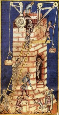 Fig. 4 : Zurich, Zentralbibliothek Ms. Rh 15 (vers 1340-1350) Détail (fol. 6v) : construction médiévale à Altemberg © Emmanuelle JEANNIN, Chantiers d’abbayes, Moisenay, Éditions Gaud, 2008, p. 23.  Sur cette miniature, deux ouvriers montent à l’échelle et transportent du mortier dans des seaux
