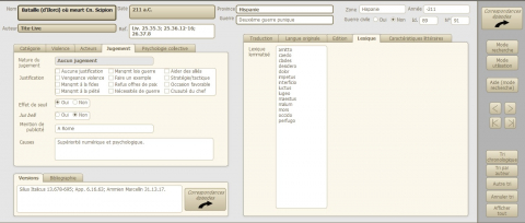 Fig. 4 : Capture d’écran de la base de données avec les catégories lexique et jugement affichées (FileMaker Pro)