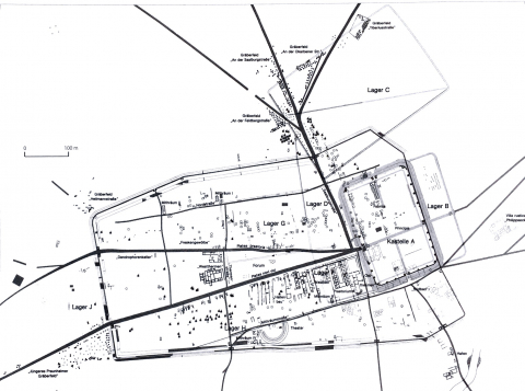 Fig. 1 : Francfort / Heddernheim (Allemagne), plan du vicus de Nida avec son forum, au carrefour des voies, à proximité du camp militaire © Carsten WENZEL, Die Stadtbefestigung von NIDA-Heddernheim, Franfurt am Main, Museum für Vor und Frühgeschichte, 2000, p. 11