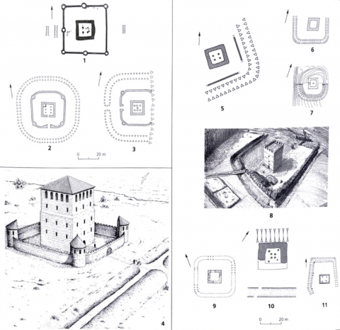 Fig. 4 : Burgi avec tour. En Rhénanie : 1 ; sur la côte du Yorkshire : 2, 3, 4 (reconstitution) ; Tours de garde individuelles du limes : 5, 6, 7 8 (reconstitution), 9. Tours routières : 10, 11 © Raymond BRULET, « L’architecture militaire romaine en Gaule pendant l’Antiquité tardive », p. 155-179, Fig. 153, p. 156, dir. Michel REDDE, et al., L’architecture de la Gaule romaine. Les fortifications militaires, DAF 100, Bordeaux, Ausonius, 2006, 477 p.