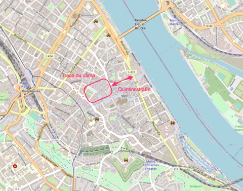 Fig. 6 : Mainz / Mayence (Allemagne), Quintinsstraße et tracé du camp militaire romain, Philippe HIROU, sur fond © Contributeurs OpenStreetMap [en ligne] lien OSMap Mainz (consulté le 15 décembre 2022)