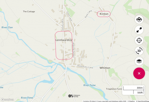 Fig. 7 : Leintwardine (Grande-Bretagne), Kinton et tracé du camp militaire romain, Philippe HIROU, sur fond © Ordnance Survey © Mapbox © OpenStreetMap [en ligne] lien OS Leintwardine (consulté le 15 décembre 2022)