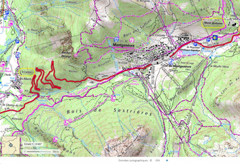 Fig. 11 : Col de Montgenèvre (05), Voie Domitienne, Summae Alpes, localisation des toponymes « Mont Quitaine » et « le Canton », de part et d’autre du col, sur fond © Géoportail IGN [en ligne] lien géoportail Col de Montgenèvre (consulté le 15 décembre 2022)