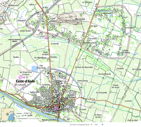 Fig. 12 : Cuxac-d’Aude (11), Voie Domitienne, localisation des toponymes « Les Vingt-Cinq Cantons » et « Ste-Catherine » © Géoportail IGN [en ligne] lien géoportail Cuxac-d’Aude (consulté le 15 décembre 2022)