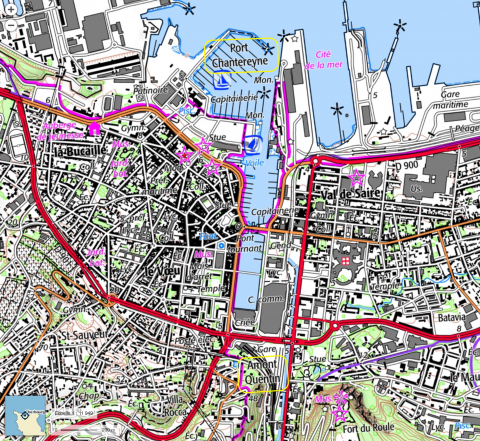 Fig. 13 : Cherbourg (50), localisation du Port Chantereyne (port antique de Corialo ?) et de l’Amont Quentin (appelé aussi localement le « Mont Catin » parce que les marins y rejoindraient les filles de joie) © Géoportail IGN [en ligne] lien géoportail Cherbourg (consulté le 15 décembre 2022)