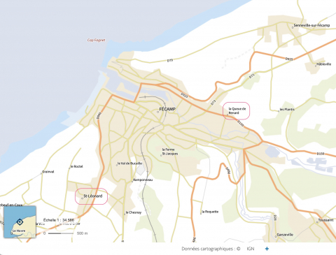 Fig. 14 : Fécamp (76), localisation des toponymes « La Queue de Renard » et « Saint-Léonard » © Géoportail IGN [en ligne] lien géoportail Fécamp (consulté le 15 décembre 2022)