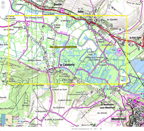 Fig. 16 : Quentovic (Montreuil-sur-Mer, 62), localisation du toponyme « la Canteraine » à proximité du site supposé de Quentovic, le plus important port et emporium mérovingien et carolingien © Géoportail IGN [en ligne] lien géoportail Quentovic (consulté le 15 décembre 2022)