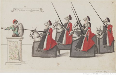 Fig. 18 : Représentation théâtrale du XVIIe siècle du jeu de la quintaine médiévale, « Entrée des médecins courans la quintaine », dessin, atelier de Daniel RABEL, 1625 © Gallica.bnf.fr / Bibliothèque Nationale de France