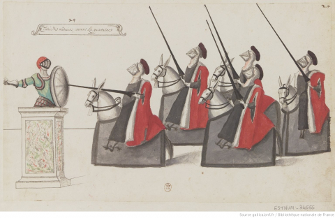 Fig. 18 : Représentation théâtrale du XVIIe siècle du jeu de la quintaine médiévale, « Entrée des médecins courans la quintaine », dessin, atelier de Daniel RABEL, 1625 © Gallica.bnf.fr / Bibliothèque Nationale de France
