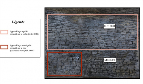 Fig. 16 : Différence d’appareillage entre le mur gouttereau ouest (MR 8004) et la voûte (U.C. 8001) (D.A.O. © C. Armand)