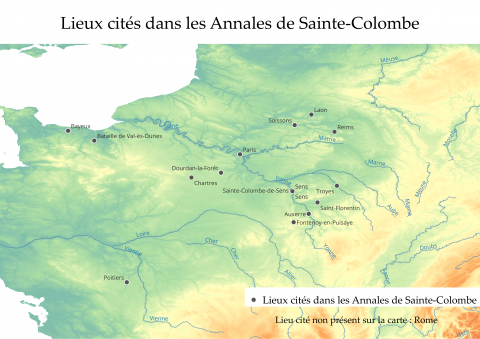 Fig. 1 : Carte des lieux mentionnés dans les Annales de Sainte-Colombe de Sens jusqu’en 1100 ©Damien Varenne