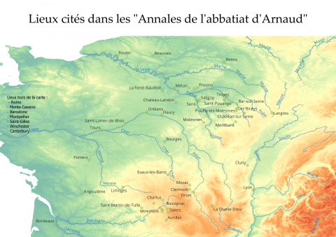 Fig. 3 : Carte des lieux mentionnés dans les « Annales de l’abbatiat d’Arnaud (1109-1124) © Damien Varenne