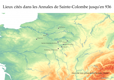 Fig. 4 : Carte des lieux mentionnés dans les Annales de Sainte-Colombe de Sens jusqu’en 936 © Damien Varenne