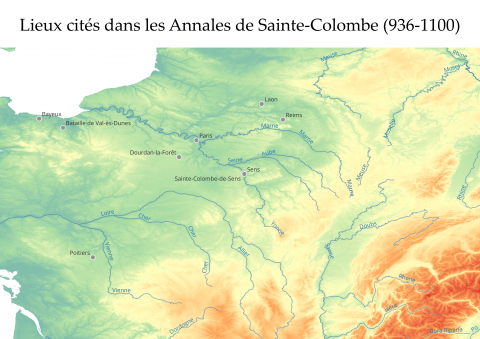 Fig. 5 : Carte des lieux mentionnés dans les Annales de Sainte-Colombe de Sens (936-1100) © Damien Varenne