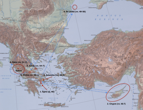 Fig. 1 : la carte du pouvoir d’Égine © Richard Talbert, The Barrington Atlas of the Greek and Roman World, Princeton, Princeton University Press, 2000, Map 1, particulier, ici modifié