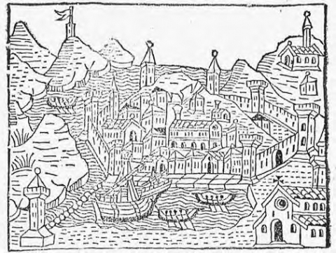 Fig. 2 : Neapolis Campanie civitas, xylographie, 6,4 x 8,2 cm, publiée dans Jacopo Filippo Foresti, Supplementum Chronicarum, Venise, Bernardino Benali, 1486, p. 64 (image issue de archive.org, CC 1.0)