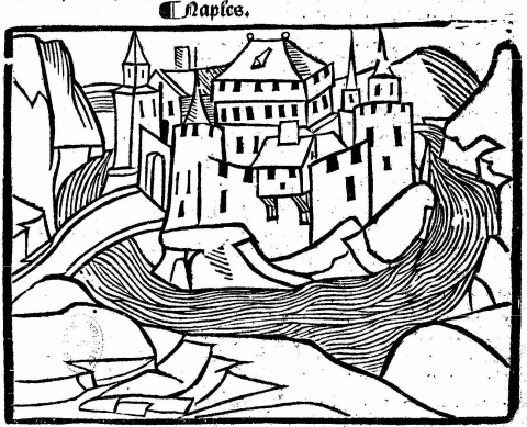 Fig. 3 : Vue de Naples, publiée dans André de la Vigne, Libelle des cinq villes d'Ytallye contre Venise, est assavoir Romme, Naples, Florence, Gennes et Millan, Lyon, Noël Abraham, 1509 © Gallica BnF