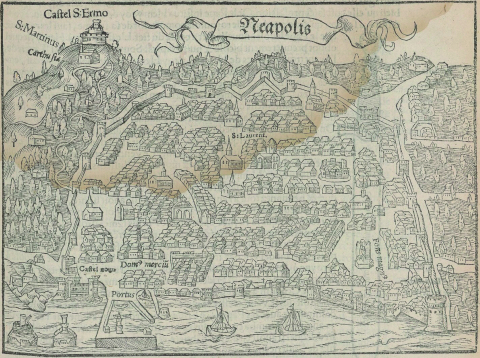 Fig. 4 : Plan de Neapolis publié dans Sebastian Münster, La Cosmographie universelle contenant la situation de toutes les parties du monde, avec leurs proprietez & appartenances, Henry Pierre, Bâle, 1556, p. 249 © Gallica BnF