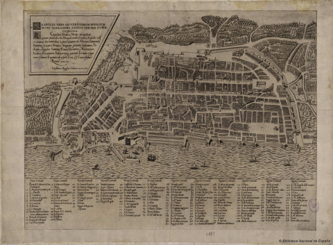 Fig. 5 : Carlo Theti (dessinateur), Sebastiano Di Re (graveur), Petrus (éditeur), Neapolis urbs ad verissimam effigiem Petri Alexandri aeneis formis Nuper Expressa, Carolus Tettius Neap. Pingebat, Rome, gravure sur cuivre, 42 x 55 cm, 1560 © Madrid, Biblioteca Nacional de España, CC BY 4.0