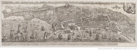 Fig. 7 : Alessandro Baratta, Fidelissimae urbis Neapolitanae cum omnibus viis :accurata et nova delineatio aedita in lucem ab Alexandro Baratta M DC XXVIIII, estampe, 86 x 253 cm, 1629 © Gallica BnF