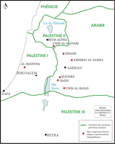 Fig. 1 : carte de répartition du corpus des mosaïques topographiques dans les anciennes provinces romaines d’Arabie et de Palestine © Flora Muntrez