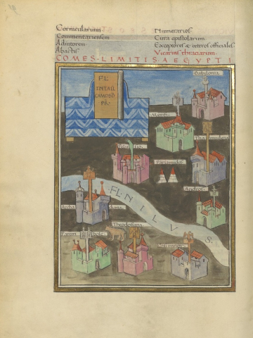 Fig. 2 : Paris, Bibliothèque nationale de France, ms. lat. 9661, Notitia Dignitatum, copie du XVe siècle, f. 91v : le fleuve Nil et les villes placées sous juridiction de l’Égypte © Gallica BnF