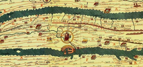Fig. 3 : Vienne, Österreichische Nationalbibliothek, Codex Vindobonensis 324, Table de Peutinger, copie du XIIe siècle. Détail : ville de Rome © Wikimédia commons. Libre de droits d’auteurs