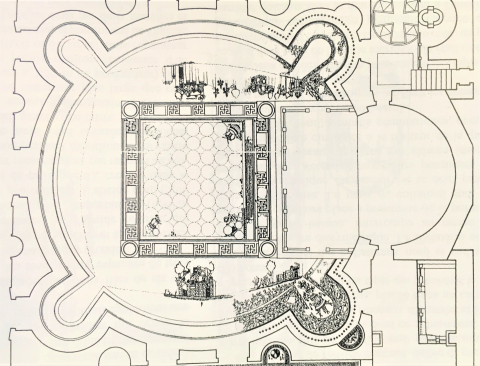 Fig. 5 : Jerash (Jordanie), église Saint-Jean, plan et pavement, 531 © Anne Michel, Les églises d'époque byzantine et umayyade de Jordanie, Turnhout, Brepols, 2001, p. 244