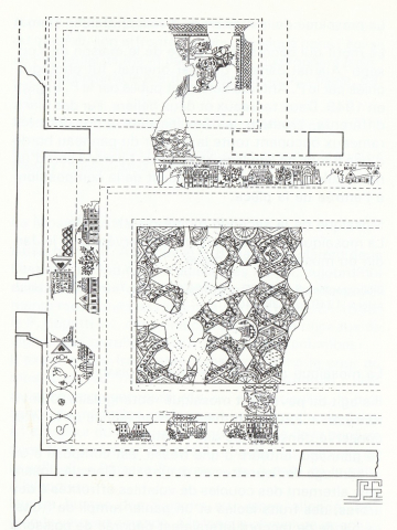 Fig. 11 : Ma’in (Jordanie), église de l’Acropole, plan et pavement, VIIIe siècle © Michele Piccirillo, Mosaïques byzantines de Jordanie, Lyon, Association Lyonnaise pour la Sauvetage des Sites Médiévaux, 1989, p. 80